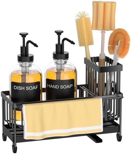 Kitchen Soap Dispenser Set with Sponge Holder and Towel Rack, 17OZ Glass Bottle, Hand and Dish Soap Dispenser Set, Non-Slip Silicone Pad, Brush Holder, Sink Organizer Countertop (Transparent) - Image 6