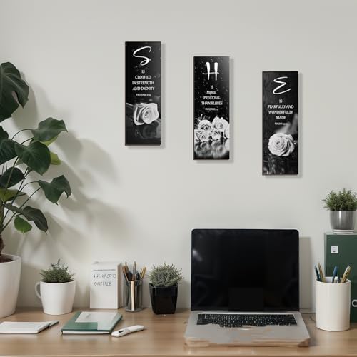 DONFENTHY 3 Pcs Black And White Bedroom Decor White Rose Wooden Wall Decor Black Grey Bathroom Decor Inspirational Farmhouse Office Sign With SHE Bible Words For Women Girl Home Decor(White 12x4Inch) - Image 6