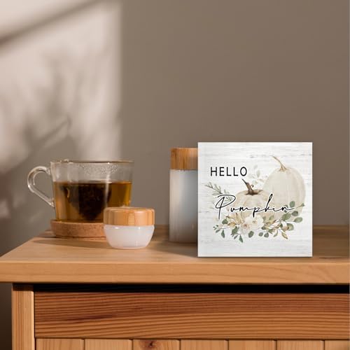 Fall Pumpkin Wooden Box Decor, Rustic Autumn Theme Farmhouse Wooden Block Decorations for Home Room Wall Tabletop Shelf, White Pumpkin Square Sign - Image 2