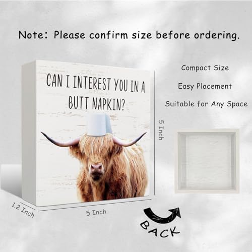 Highland Cow Bathroom Decor - Funny Bathroom Decor, Rustic Western Highland Cow Wood Sign, 5 X 5 Inches - Image 2