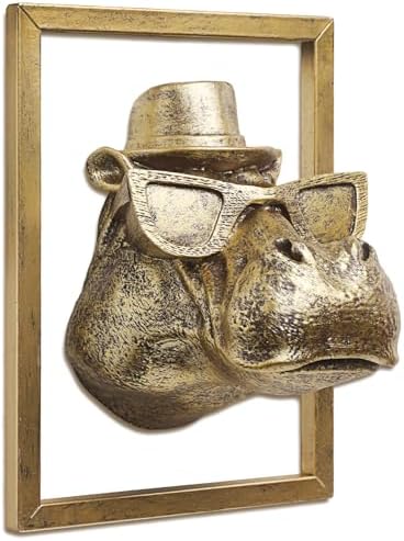 JJALIGHTS Exquisite Resin Animal Head Wall Sculpture (Gift Metal Frame) - Imitation Copper Vintage Decor for Living Room, Bedroom & Office | Decorative Wall Hanging Art(Hippo) by JJALIGHTS
