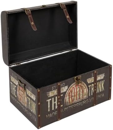 Household Essentials Large Decorative Storage Trunk with Vintage Decoupage, Leather and Metal Accents, Green and Black Finish - Image 6