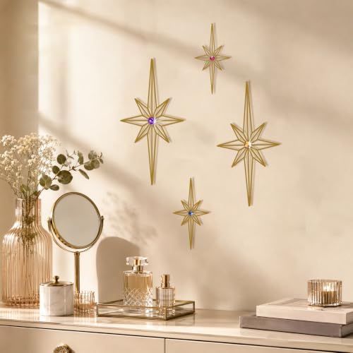 sxnzequnze 4 Pcs Star Wall Art for Home Decor Living Room Bedroom Office Metal 3D,Bling,with Hanging Hook Starburst Midcentury Sculpture Retro Gallery Accent Celestial -Gold 16.5in/9.4in - Image 5