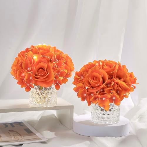 Rose Silk Flower Arrangement Artificial Vivid Rose in Glass Vase with LED Light Elegant Centerpiece for Home Wedding Bathroom Table Shelf Decoration (Orange) - Image 2