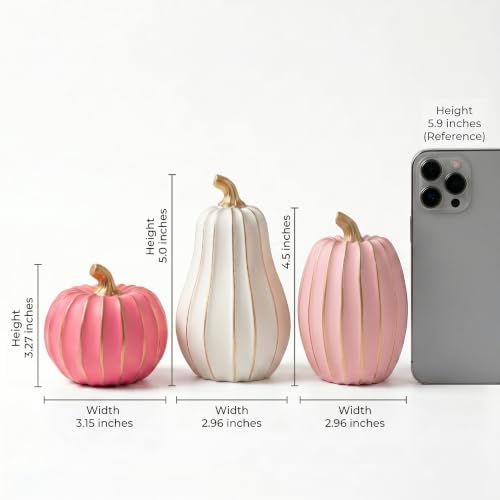 White Pink and Gold Pumpkin Decor, 3Pcs Resin Pumpkin Figurines Fall Decor - Image 6