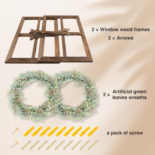 WAKOSAN Rustic Wood Window Frame Wall Decor with Wreath & Arrows - Image 3
