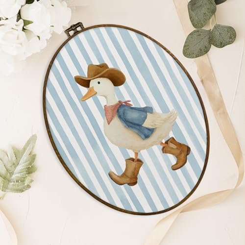 dvhdajed Trendy Western Cowboy Goose Oval Wall Art Decor, Rustic Cowboy Hat Farm Animal Framed Canvas Art, Light Blue Striped Goose Wall Hanging Decor for Toddler Room Bedroom Bathroom, 8.7x11.3 Inch - Image 4