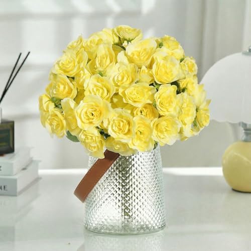 Silk Roses Flower Bouquet 4 Bundles 60 Heads for Wedding Home, Yellow - Image 3