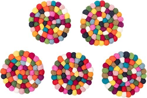 Round Felt Ball Coasters - 100% Merino Wool Table Coasters - Felt Coaster Pads, Absorbent Trivet for Drinks - Heat Resistant, Thick & Durable Hand Felted - Woolygon - Multicolor Set of 5 (Rainbow) - Image 7