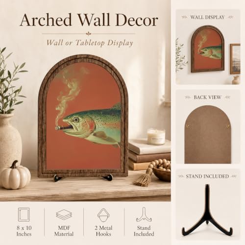 Vintage Wildlife Wood Tabletop Decor, Smoking Trout Arched Frame Wall Art - Image 4