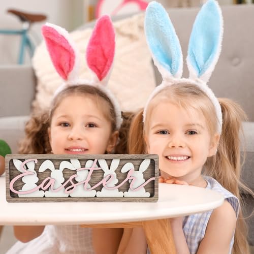 Vintage Happy Easter Decorations for Office, Home, Table, Mantel, Shelf, Desk, 3 1/2 x 11 Inch Retro Bunny Sign, Wooden Spring Bunnies Decor Sign, Farmhouse Pink Decoration (Vintage Bunnies) - Image 6