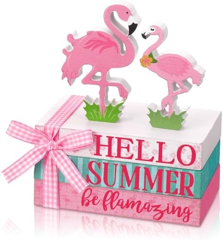 Geelin 4 Pcs Pink Flamingo Table Decoration Wooden Book Stack Signs by Geelin