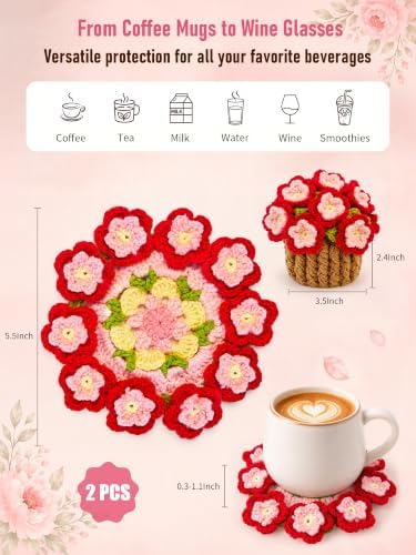 Crochet Flower Bouquet Coasters, Peach Blossom Gift for Home Decor 2Pc - Image 2