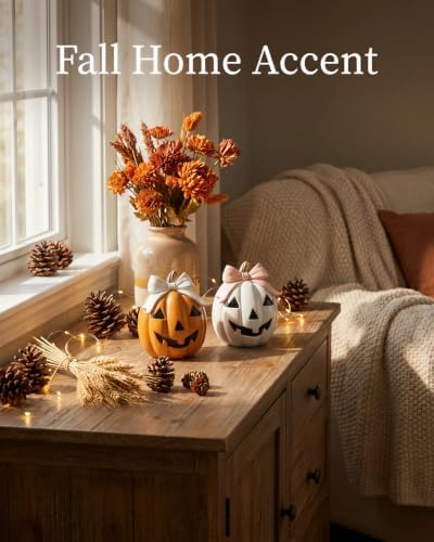 GoGnome Halloween Decor Spooky Cute Fall Pumpkin with Bow Tabletop for Shelf Mantel Tiered Tray Home Office Party Decorations (Orange & White) - Image 7