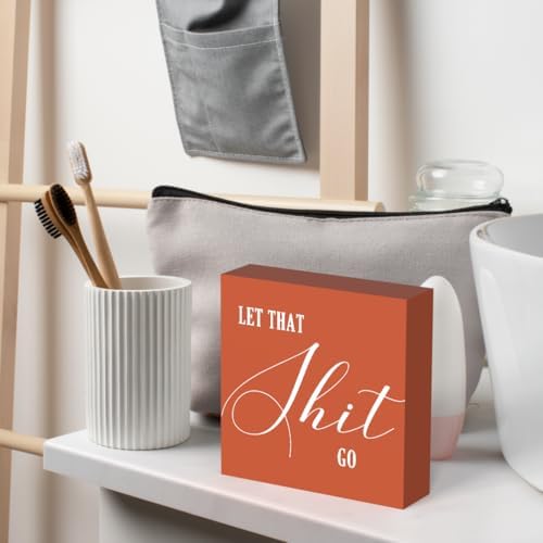 Funny Bathroom Sign, Orange Wood Box Decor for Half Bathroom, Humorous Farmhouse Shelf & Desktop Sign for Home or Office - Image 3