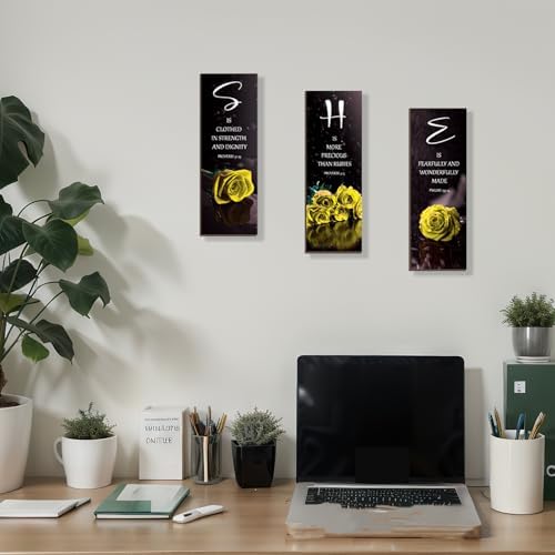 DONFENTHY 3 Pcs Yellow Bedroom Decor Yellow Rose Wooden Wall Decor Yellow Bathroom Decor Inspirational Farmhouse Office Signs With SHE Bible Words For Women Bedroom Home(12x4Inch) - Image 2