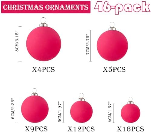46Pcs Velvet Christmas Ball Ornaments Set - Flocked Shatterproof Christmas Tree Decorations Classic Hanging Ornaments with Rope for Xmas Wreath Holiday Home Decor (Multi-Size, Fuchsia Pink) - Image 2