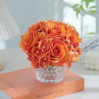 Rose Silk Flower Arrangement Artificial Vivid Rose in Glass Vase with LED Light Elegant Centerpiece for Home Wedding Bathroom Table Shelf Decoration (Orange) - Image 4
