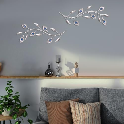 sxnzequnze 2 Set Metal Tree Leaf Wall Art for Home Decor Living Room Bedroom Dining Room Bling Rhinestone, 3D, Iron Branch Hanging Leaf Sculpture Art Pieces -Blue 16.5in*6.7in - Image 3