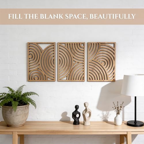 qmmp Modern Wooden Wall Sculptures - Set of 3 - Home Decor Accent - Large Wall Art for Living Room, Bedroom, Office - Easy Installation (Oak, Medium - Orbit) - Image 3