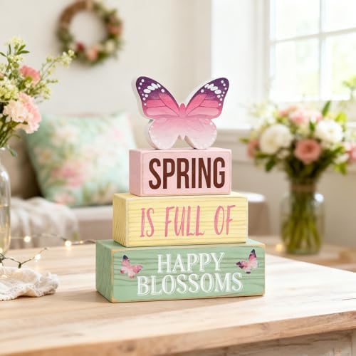 Spring Decoration Wooden Tiered Tray Decor – Butterfly Spring Stacked Block Sign with Floral Accents – Farmhouse Tabletop Spring Decor for Shelf Mantel Seasonal Home Display - Image 6