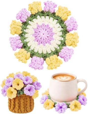 Crochet Flower Bouquet Coasters, Cotton Tulip Gift for Home Decor 4Pcs by KQJS