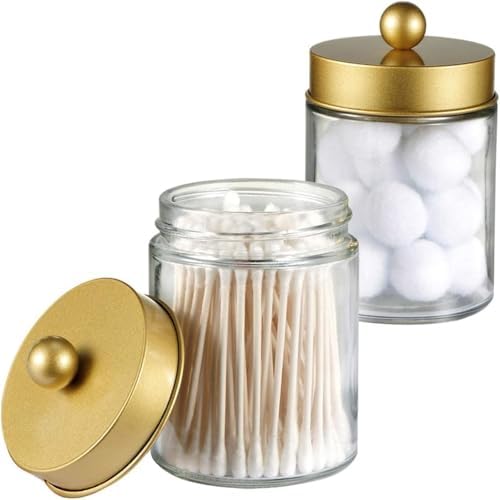 Amolliar Apothecary Jar Bathroom Storage Qtip Holder Glass, Gold 2Pack by Amolliar