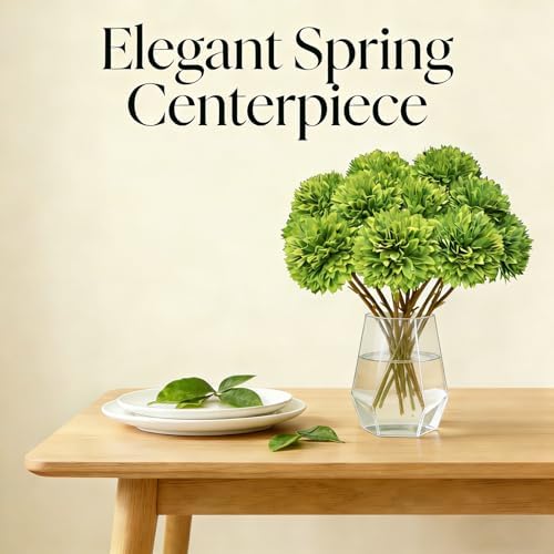 Tinsow 12 pcs Artificial Flowers Green Faux Ball Chrysanthemum Bouquet Flowers Wedding Bouquet for Spring Home Garden Party Wedding Decoration St Patricks Day Table Centerpiece - Image 5