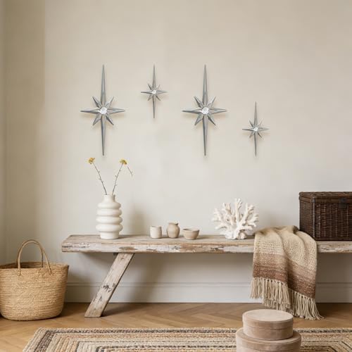 sxnzequnze 4 Pcs Star Wall Art for Home Decor Living Room Bedroom Office Metal 3D,Bling,with Hanging Hook Starburst Midcentury Sculpture Retro Gallery Accent Celestial -Silver 16.5in/9.4in - Image 6