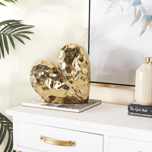 Deco 79 Porcelain Ceramic Heart Decorative Sculpture Dimensional Angled Origami Inspired Home Decor Statue, Accent Figurine 12" x 6" x 11", Gold - Image 3