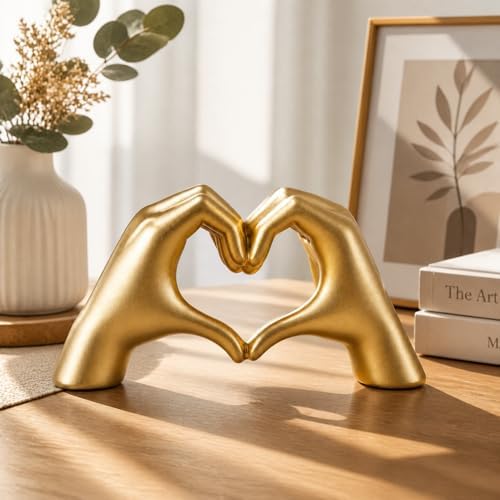 SANTA CASA Small Gold Heart Hands Sculpture, Gold Tone Desktop Art Statue by SANTA+CASA