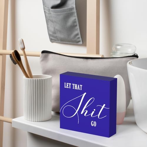 Funny Bathroom Decor Blue Wood Box Sign, Humorous Farmhouse Toilet Sign with Quote, Restroom Shelf Decor for Guest Bath, Tabletop Countertop - Image 3