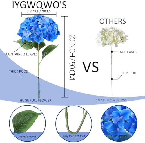 6PCS Large Silk Hydrangea Flowers, 20 in Full Faux Hydrangea Artificial Flowers with Stems Leaves for Fake Bouquets Home Wedding Party Centerpieces Arrangements Indoor Outdoor (Dark Blue) - Image 2