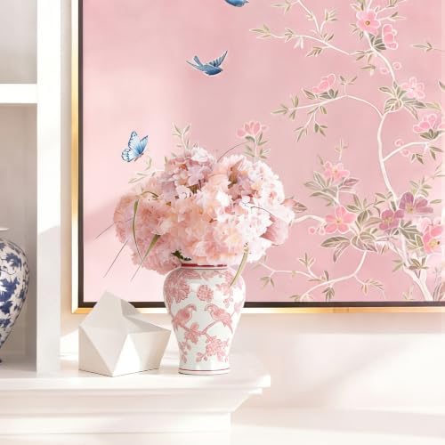 11″ Pink Ginger Jar with Lid Porcelain Stylized Songbirds Floral Temple Jar - Image 2