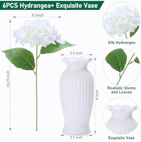 6PCS White Silk Hydrangea Artificial Flowers with Vase, Fake Hydrangea Flowers in Vase for Bedroom Decor Home Table Decor DIY Floral Decoration-14.25 Inch - Image 4