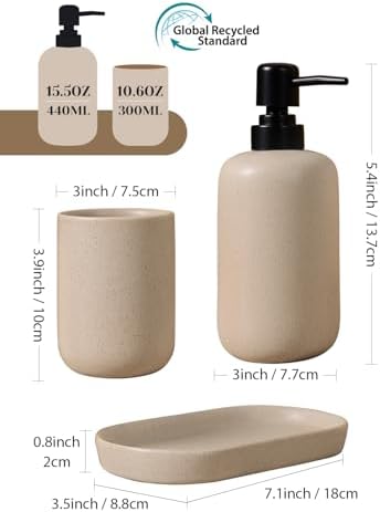 INGOFIN 3 Pcs Ceramic Bathroom Accessory Set - Liquid Soap Dispenser, Toothbrush Holder & Tray, Bathroom Counter Set, Countertop Essentials for Home, Guest Bathroom, or Office Use, Beige - Image 2