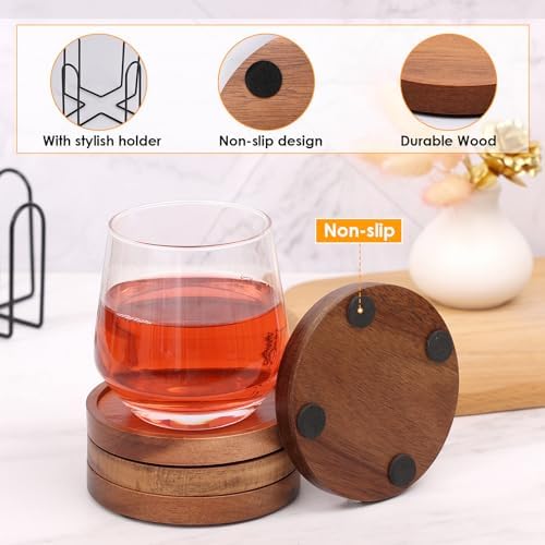 4 Pcs Acacia Coasters for Drinks Absorbent, Wood Coasters with Holder, Drink Coasters for Coffee Table, Absorbent Coaster Set for Table Protection Drink Coasters for Farmhouse, Office, Bar - Image 3