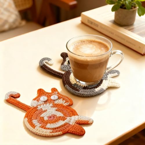 Drink Coaster, Woven Creative Coasters for Cat Lovers, Gag Gifts Cat Coffee Coaster for Desk Accessories Home Decor Tabletop Protection(Gray) - Image 2
