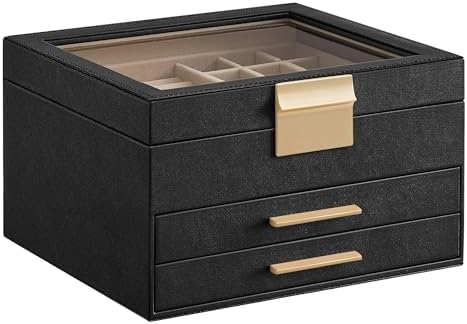 SONGMICS Jewelry Box Organizer, 3-Layer Storage with 2 Drawers, Glass Lid by SAJOMA