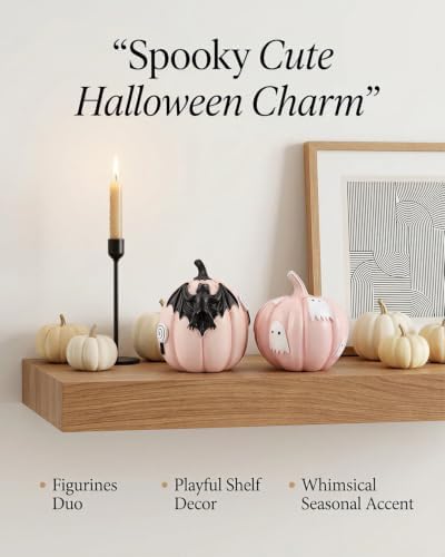 GoGnome Halloween Decorations Pumpkin Figurines Set of 2, Cute Resin Shelf Mantel Tiered Tray Decor with Bat and Ghost Designs (Pink Pumpkins) - Image 2