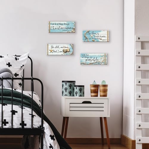 4 Pieces Ocean Wall Decor Beach Bathroom Decor With Bible Verses Wooden Christian Farmhouse Sign for Home Religious Prayer Wall Art for Living Room Office Bedroom Bathroom(Ocean,10x4") - Image 2