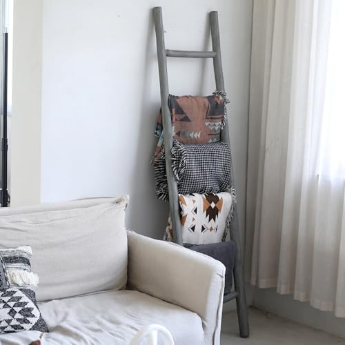 FUIN Blanket Ladder, 6ft Rustic Solid Wood Decorative Ladder, Grey - Image 2