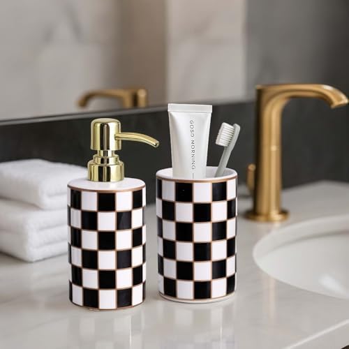 Bathroom Toothbrush Holder Set, Ceramic Checkered Soap Dispenser and Tooth Brush Holder Set, Modern Bathroom Accessories Sets Countertop, Black and White Checkered Bathroom Decor Set (Black) - Image 5