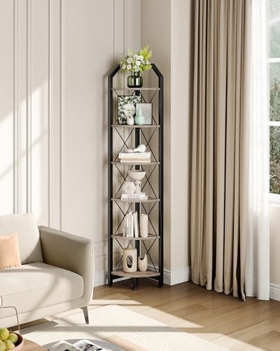 CHOEZON 6-Tier Corner Shelf, Industrial Corner Bookshelf, 71.2" Corner Storage Stand, Plant Stand Display Shelf, Corner Bookcase for Bedroom, Living Room, Home Office, Greige and Black TCJ11BG - Image 5