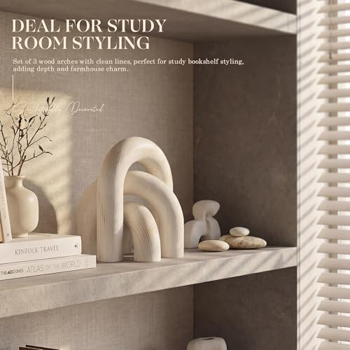 EOSAHR Pine Wood Arch Decor: Wood Sculpture for Bookshelf Decor, Whitewash - Image 3