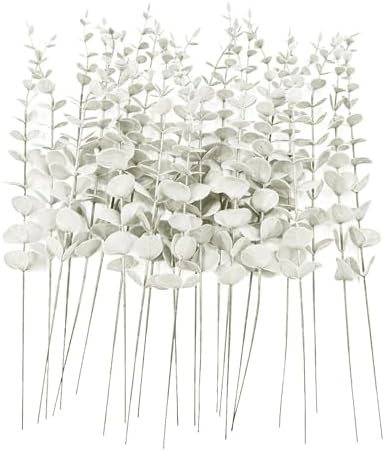 ABAJI 24 PCS Eucalyptus Stems Plastic Vivid Leaf Decorations Artificial Leaves Fake Faux Greenery Plant for Home Office House Table Desk Decor Wedding or Party Vase Forever Live by ABAJI