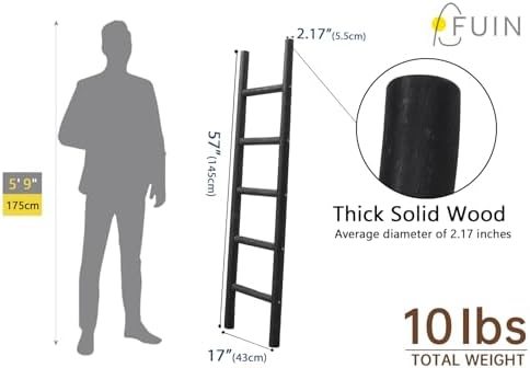 FUIN Blanket Ladder, 57in Rustic Solid Wood Decorative Ladder, Black - Image 5