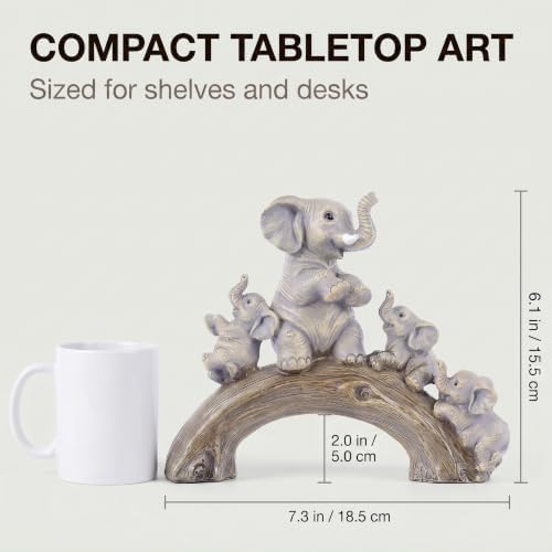 suruim Cute Elephant Statues - Good Luck Elephant and Her Three Children Playing on a Log Bridge for Living Room, Bedroom, Office Decor (Brown) - Image 3