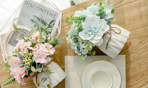 TKAS Fake Flowers Arrangement in Ceramic Vase, Artificial Faux Silk Roses & Hydrangea, Small Realistic Dried-Style Floral Dining Table Centerpiece for Wedding Party Home Decoration (Blue) - Image 5