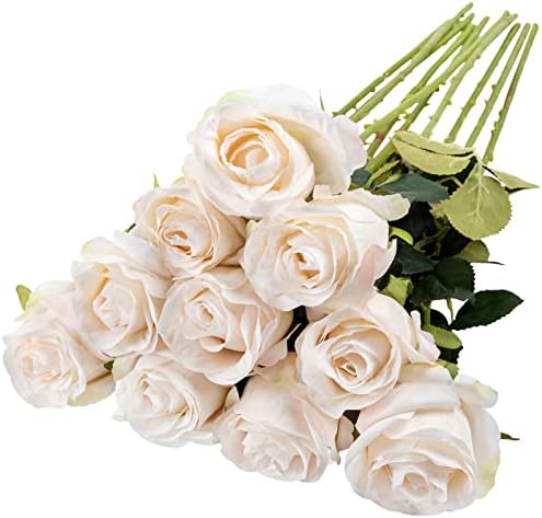 10pcs Vintage Ivory Roses Artificial Flowers, Realistic Faux Rose with Stem by Nubry